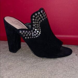 Fergie Black Studded Suede Block Heel Mule